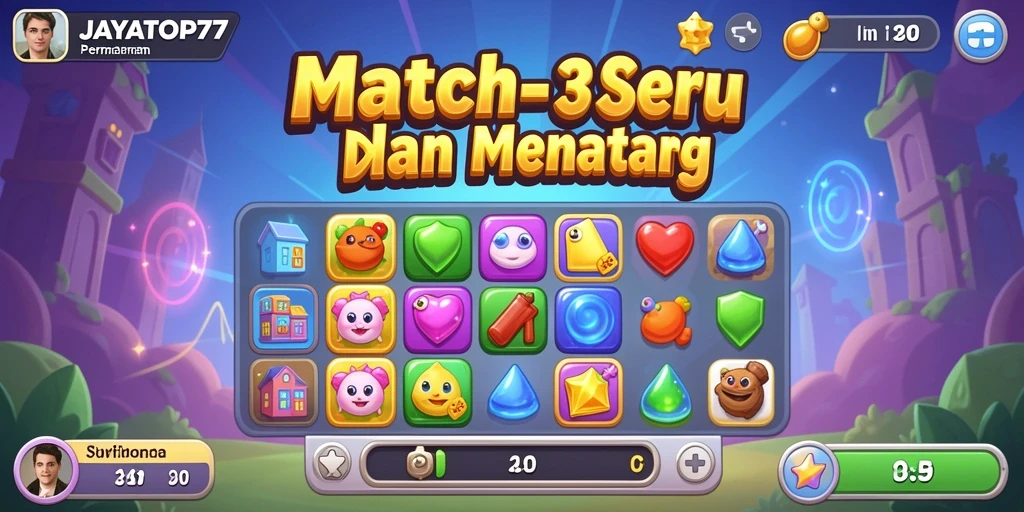 Gameplay seru JAYATOP77 dengan elemen Match-3 yang berwarna-warni.