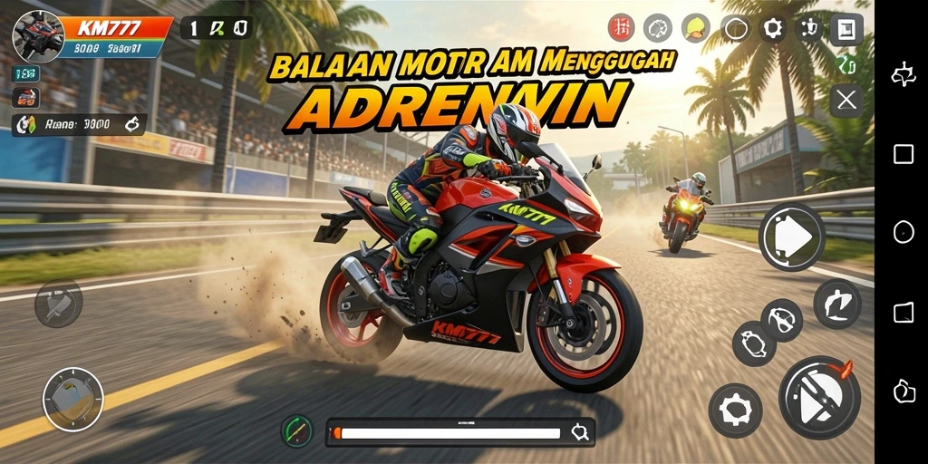 Tampilan utama gameplay KM777 dengan balapan motor yang mendebarkan.