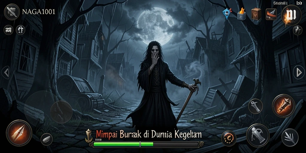 Screenshot menunjukkan karakter utama dalam suasana mencekam dari NAGA1001.
