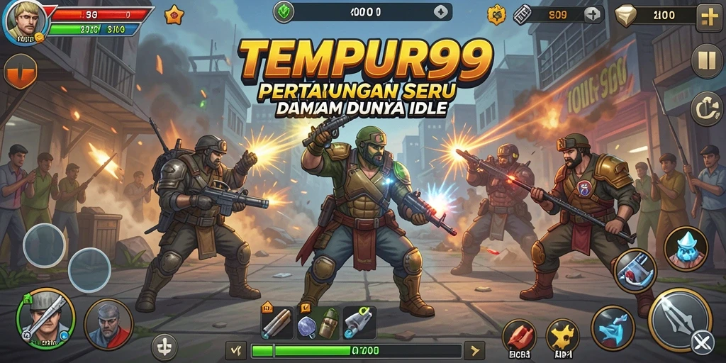 Screenshot TEMPUR99 menampilkan aksi karakter dalam pertempuran Idle yang menarik.